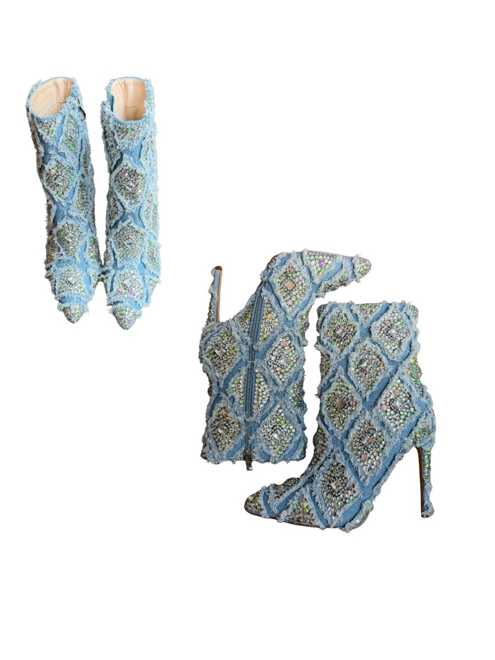 Beaded Light Blue Embellished Pointed-Toe Ankle Boots